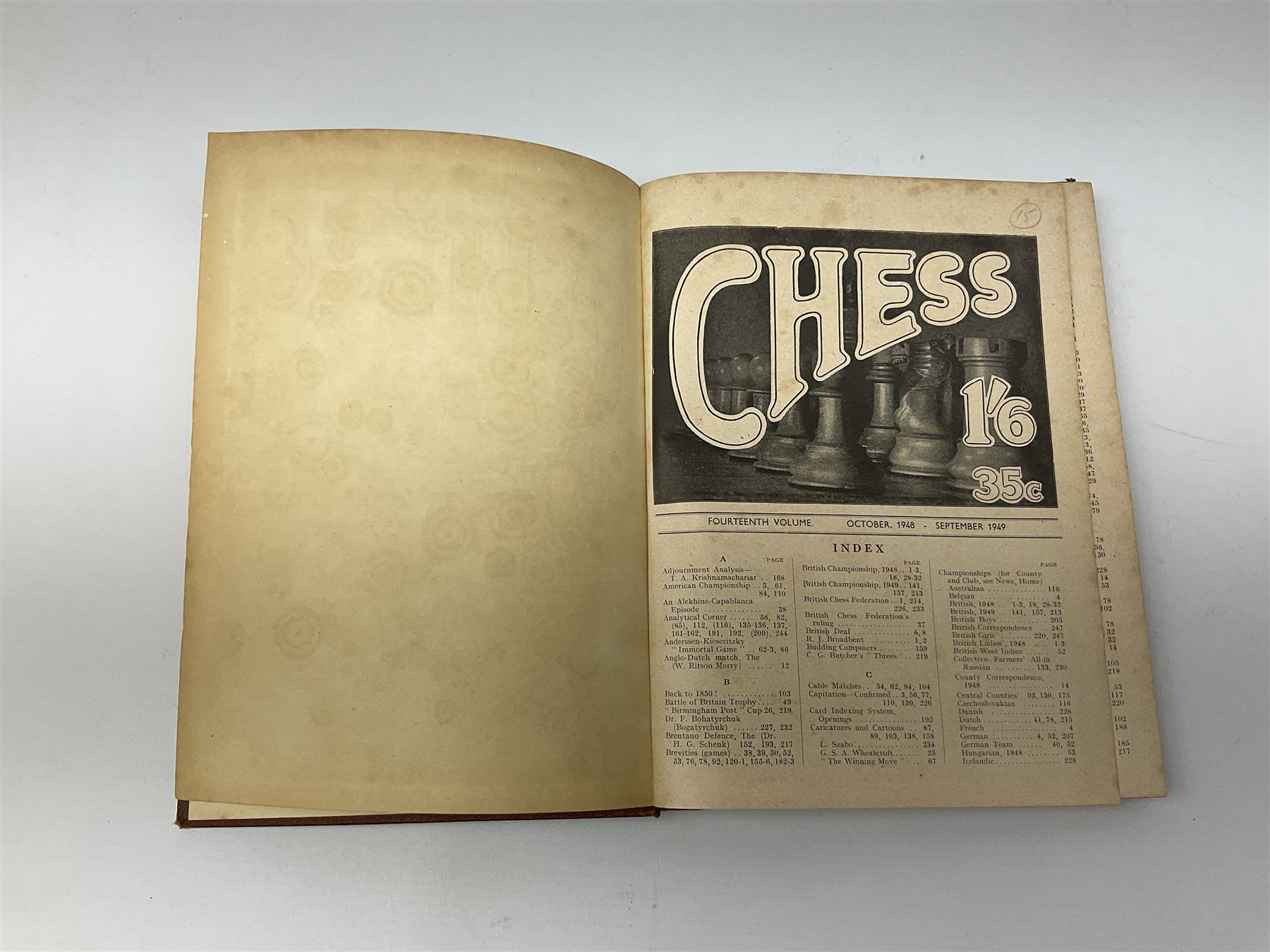 Three bound volumes of 'Chess' magazine 1946-50; fifteen issues of 'The BCCA Magazine' 1949-51; Chess Olympiad books 1970 &1972; and other books and pamphlets of chess interest