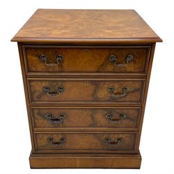 Georgian design figured walnut filing cabinet in the form of a chest of drawers, rectangular top with moulded edge, fitted with two drawers disguised as four with cock-beaded facias, on skirted base