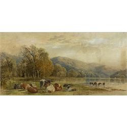 Cornelius Pearson (British 1805-1891) and Thomas Francis Wainwright (British 1794-1883): Cattle Watering, watercolour signed by both artists 21cm x 41cm