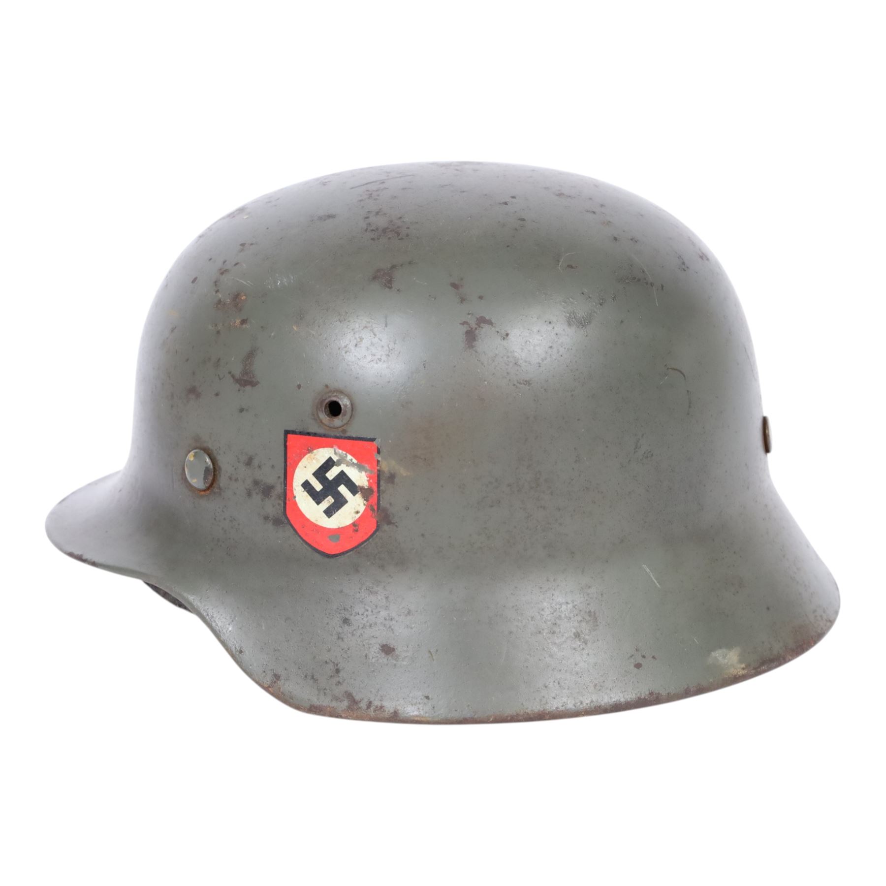 German Third Reich Waffen-SS M35 double decal helmet, the left inner brim stamped SF64, the back inner brim stamped 3866, with leather eight tongue liner and chinstrap