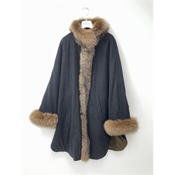 Schneiders' Salzburg Charcoal Cashmere batwing jacket with fox fur collar, trim and cuffs 