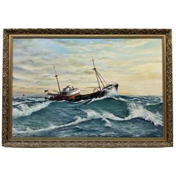Harold E Towers (British 20th century): English Fishing Trawler at Dawn, oil on canvas signed 60cm x 90cm
