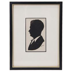 Capt. Harry Lawrence Oakley (British 1882-1960): Mother Father and Two Children, set of four family watercolour silhouettes highlighted in gold pen and pencil signed 11cm x 6cm (4)
Notes: Oakley born in Poppleton York, the son of a chemist who opened shops on Coney Street and Fulford Road. He showed talent for drawing and silhouette cutting from an early age and went on to study art at York School of Science and Art, Leeds School of Art and then the Royal College of Art in London where he was awarded the ARCA diploma in 1908.
He designed the 'Think' poster in collaboration with the North Eastern Railway company in York which then became an official war poster and was used throughout Britain, Australia and Canada. Oakley’s figure of the advancing soldier became an iconic image and was adapted and used in many forms. This success led to further commissions, including the “Remember” poster which was used to recruit men for the Royal Navy.
Oakley served in the Green Howards during the the First War. Each year, between 1920 and 1958, holidaymakers walking along the pier at Llandudno North Wales, could have stopped at a booth to have their silhouette portrait painted or cut by Mr H. L. Oakley, otherwise known as the 'Man with the Magic Scissors'.  