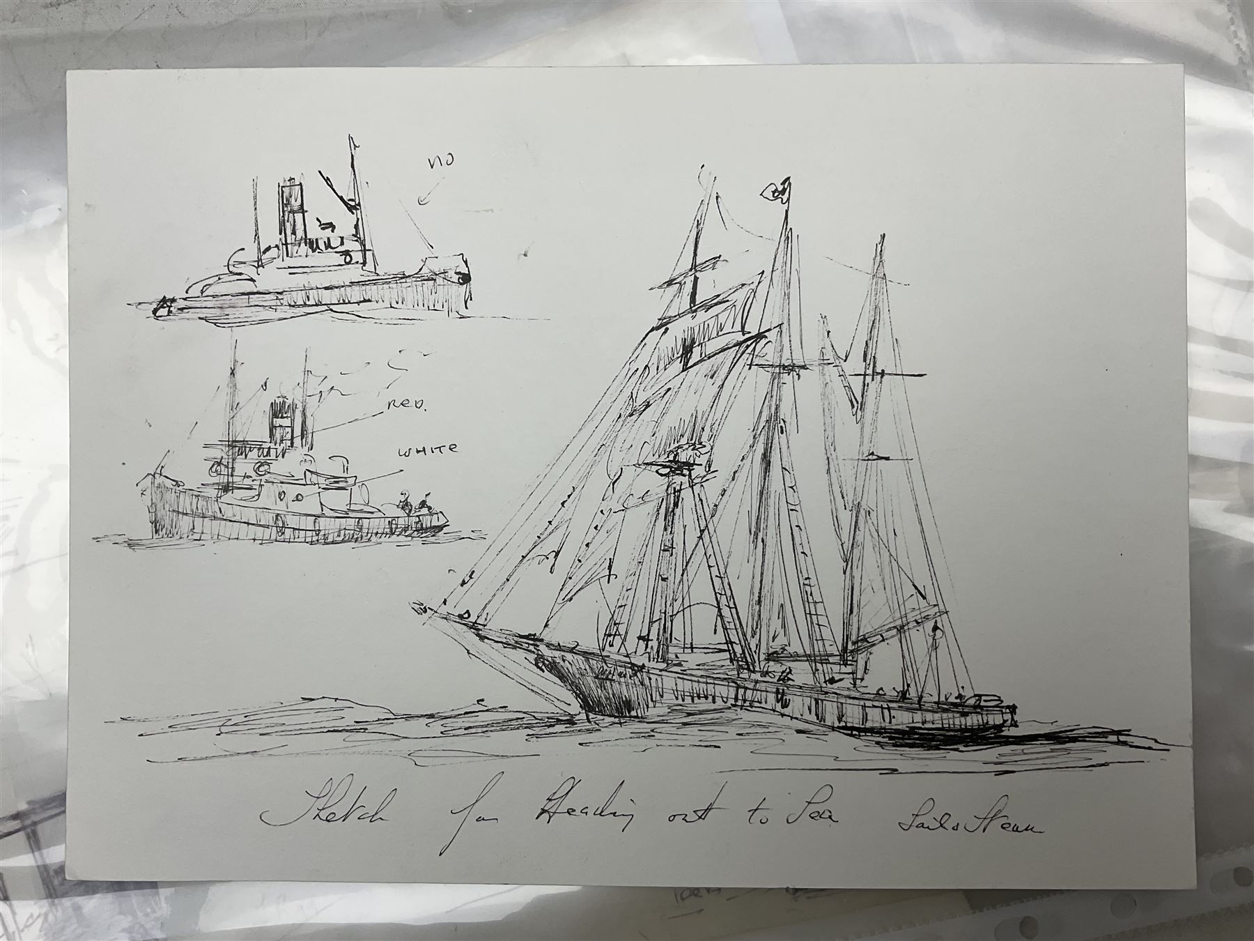 Jack Rigg (British 1927-2023): 'Sketch for Heading Out to Sea - Sail and Steam', pen and ink sketch titled, signed verso 18cm x 24.5cm (unframed)
