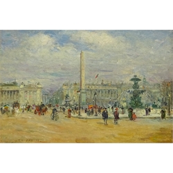 Circle of Jean François Raffaëlli (French 1850–1924): Place de la Concorde Paris, oil on mahogany panel signed 18.5cm x 26.5cm