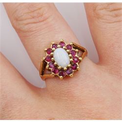 9ct gold oval opal and ruby cluster ring