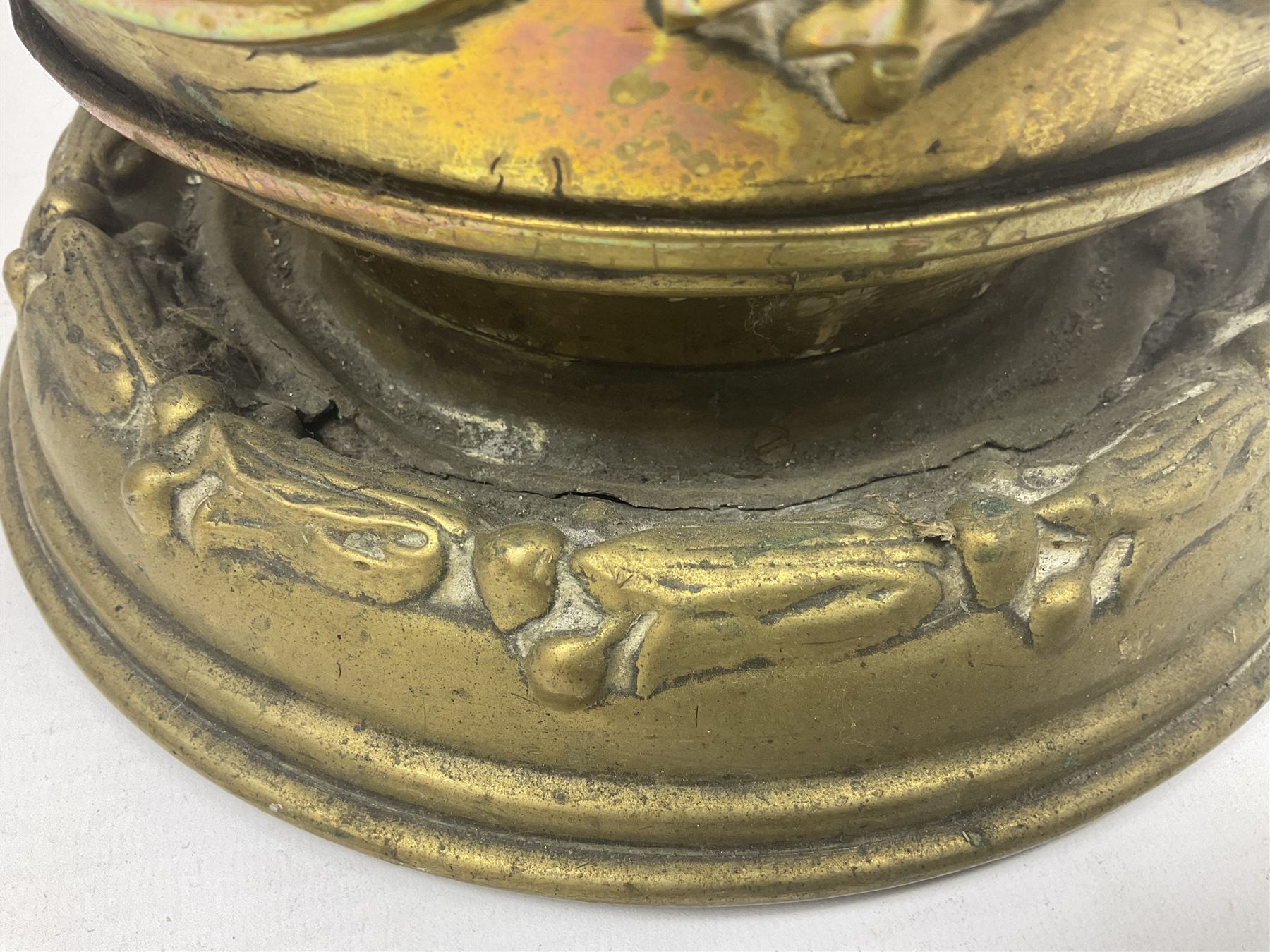 Victorian Benham & Froud Arts and Crafts brass coal scuttle, with Victorian diamond registration mark, together with a copper and brass scuttle of helmet form, tallest H50cm