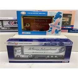 Corgi - nine lorries comprising CC13609 DAF CF Tipper Thomas Armstrong Holdings Ltd; CC12415 Volvo FH Globetrotter Bulk Tipper Hinchcliffe; CC11002 Thames Trader Luton Van Robson's of Carlisle; Hornby Car Transporter; and five Collector's Club Models; all boxed but three Club models in delivery packaging only (9)