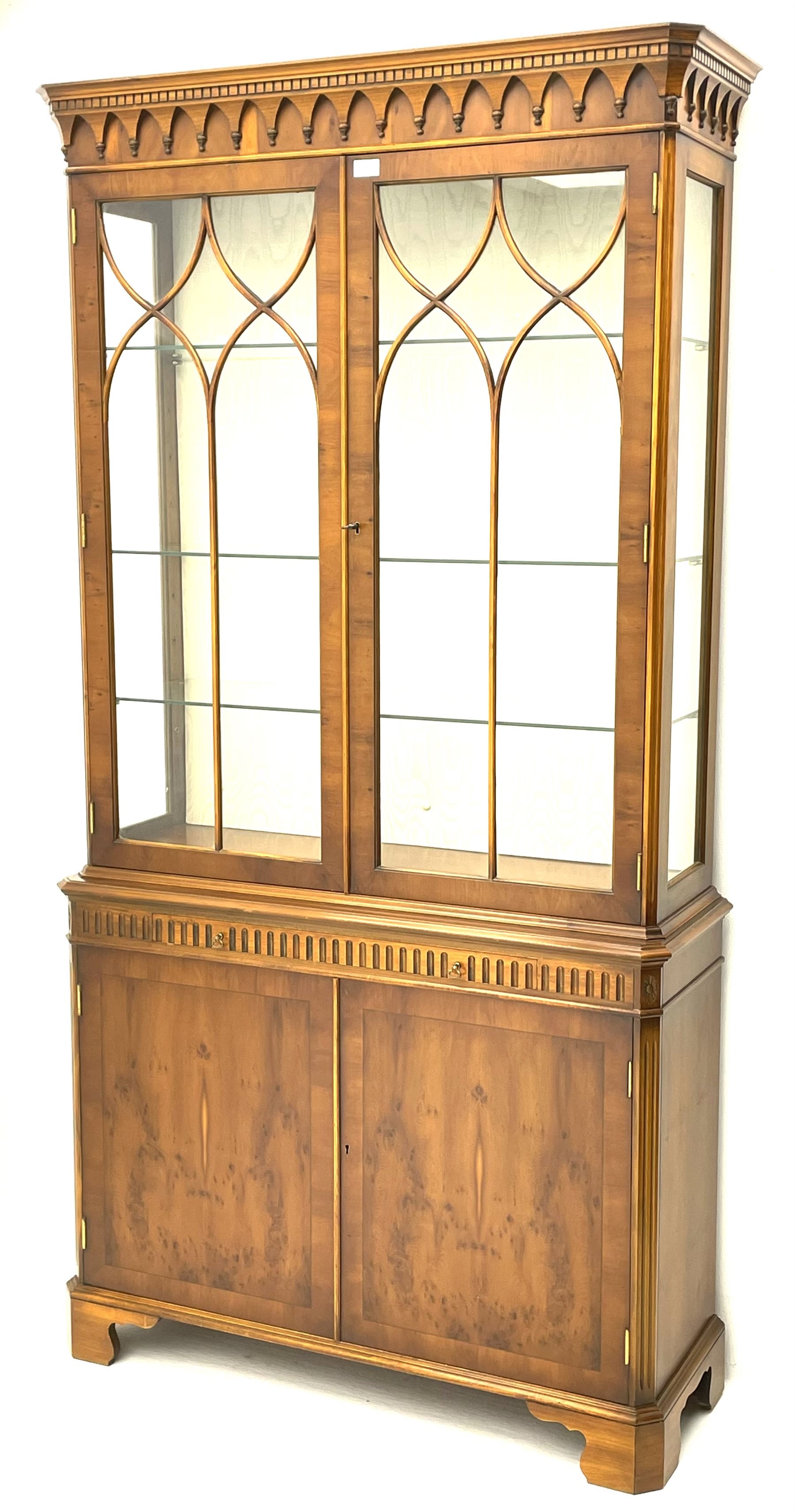 Bevan Funnell Reprodux yew wood display cabinet with illuminated interior