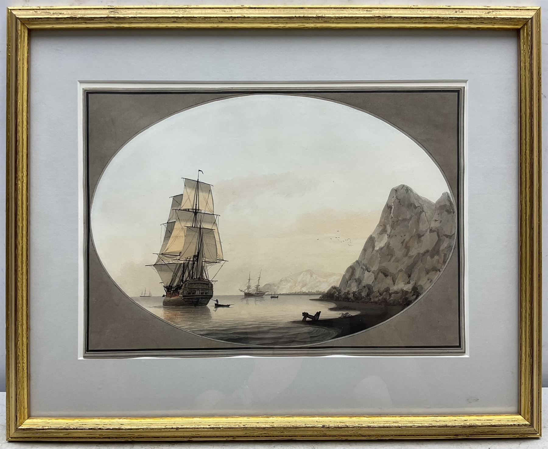 Samuel Atkins (British 1760-1810): 'Leaving a Bay', oval watercolour signed 23cm x 33cm 
Provenance: private collection, purchased Abbott and Holder, Museum Street, London, label verso; with Woolley & Wallis 24th September 2014 Lot 95