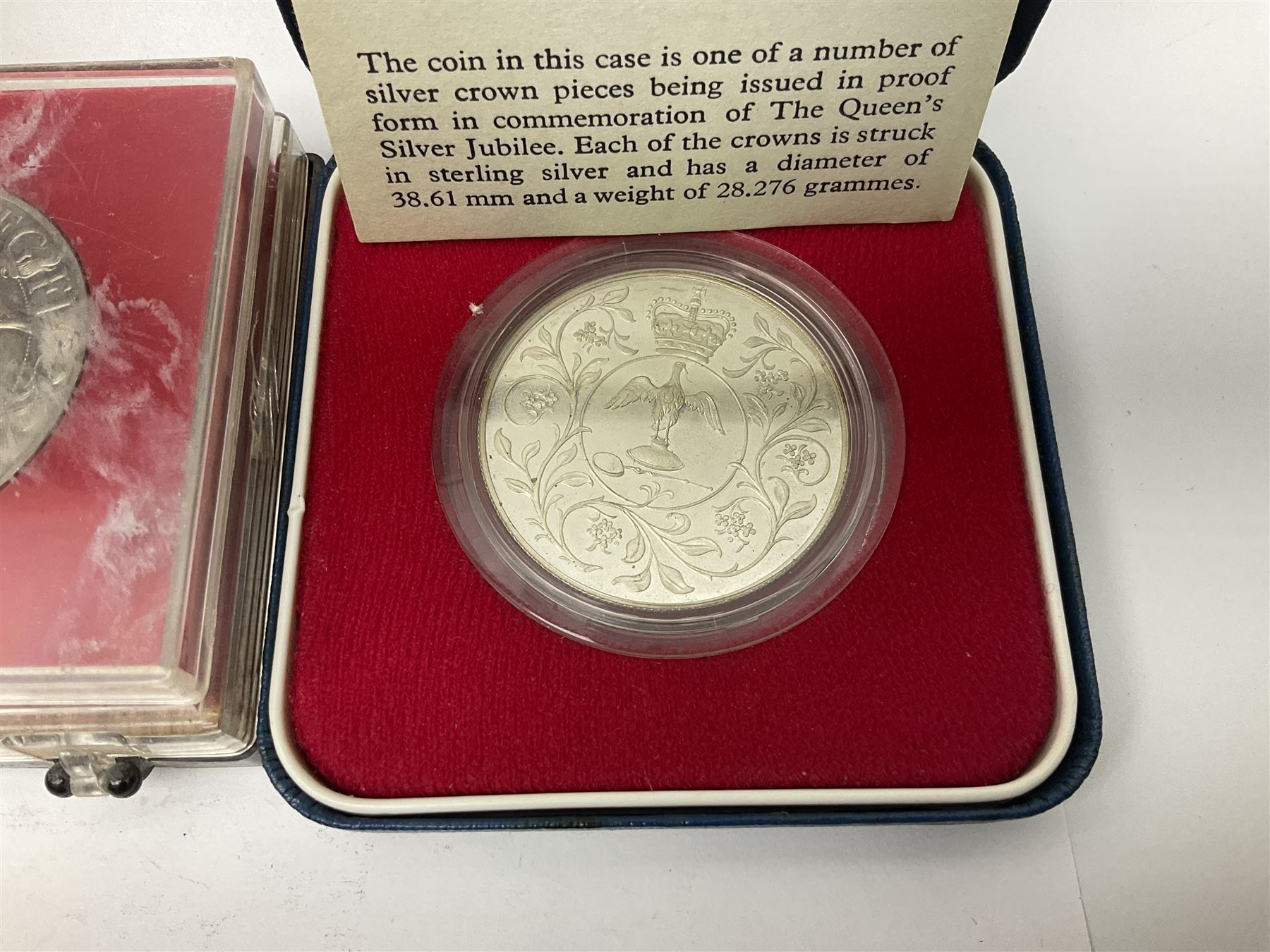 Queen Victoria 1889 crown coin, King George V 1935 crown, Queen Elizabeth II 1977 silver proof crown, small number of Great British pre 1947 silver coins, other pre-decimal coinage, World stamps including Argentina, Australia, Belgium, Canada, France, Germany etc 