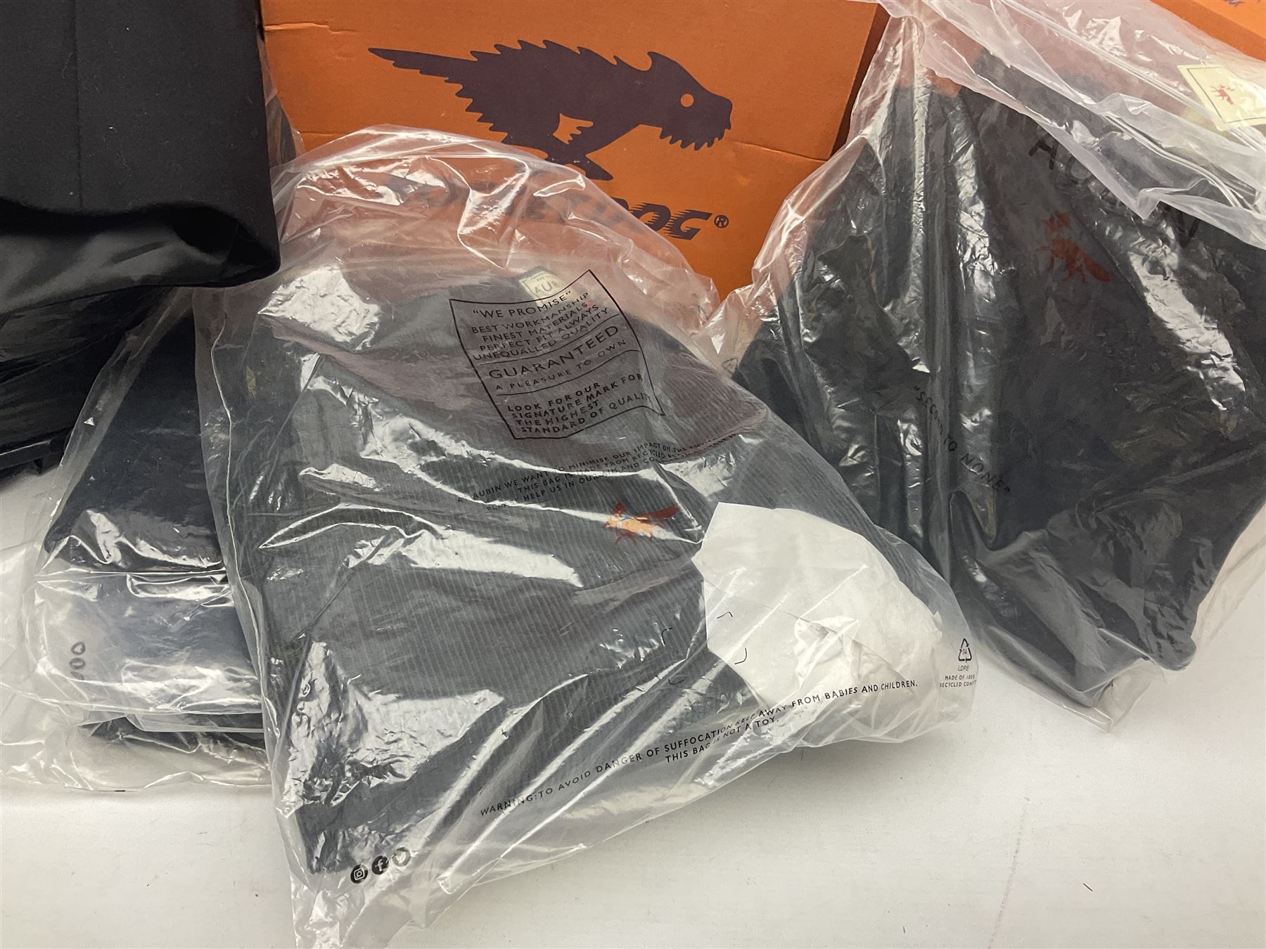 Ex shop stock - three Karen Millen ladies long black wool coats, size 18; four pairs of Rocket Dog ladies leather boots, size 8; and five pairs of Aubin gents trousers, sizes 30-36 (12)