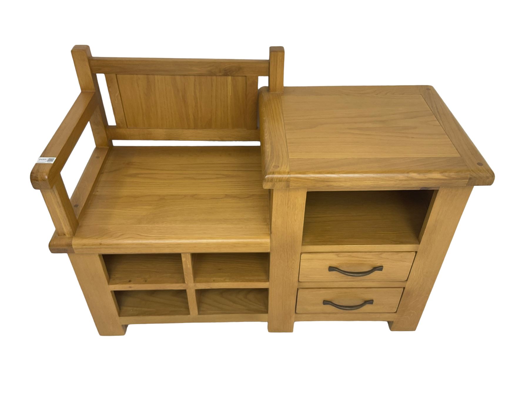 Late 20th century light oak telephone table, seat over four pigeon holes, fitted with shelf over two drawer
