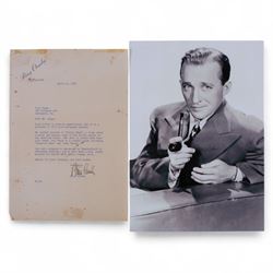 Bing Crosby signed typed letter, addressed to fan Mr Wick Boggs of Kentucky, detailing his next picture 'Riding High', signed and on 'Bing Crosby Hollywood' letterhead, together with a black and white photograph of Crosby smoking a pipe, with certificate of authenticity