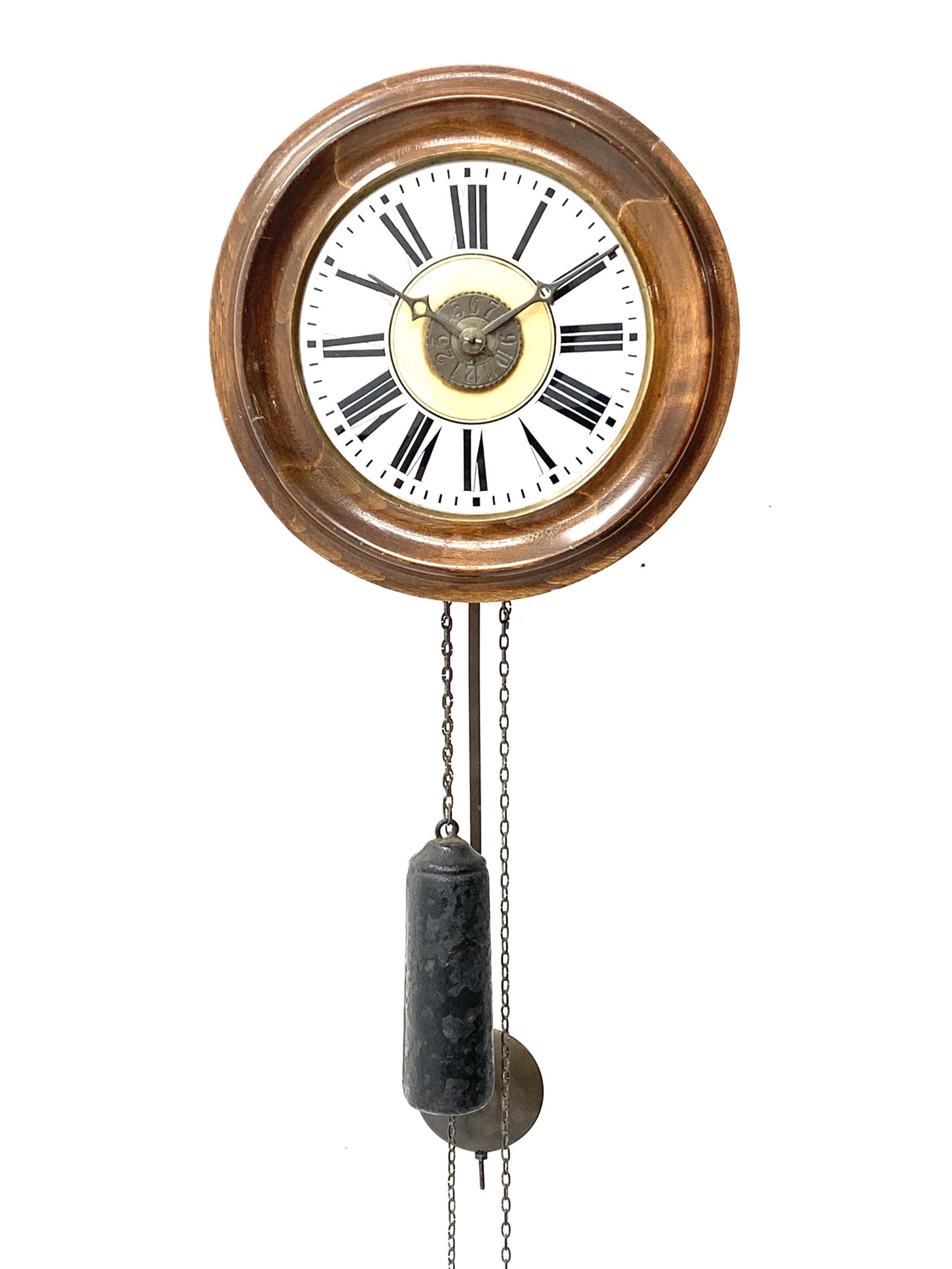 20th century Postman's style alarm wall clock, circular Roman dial in