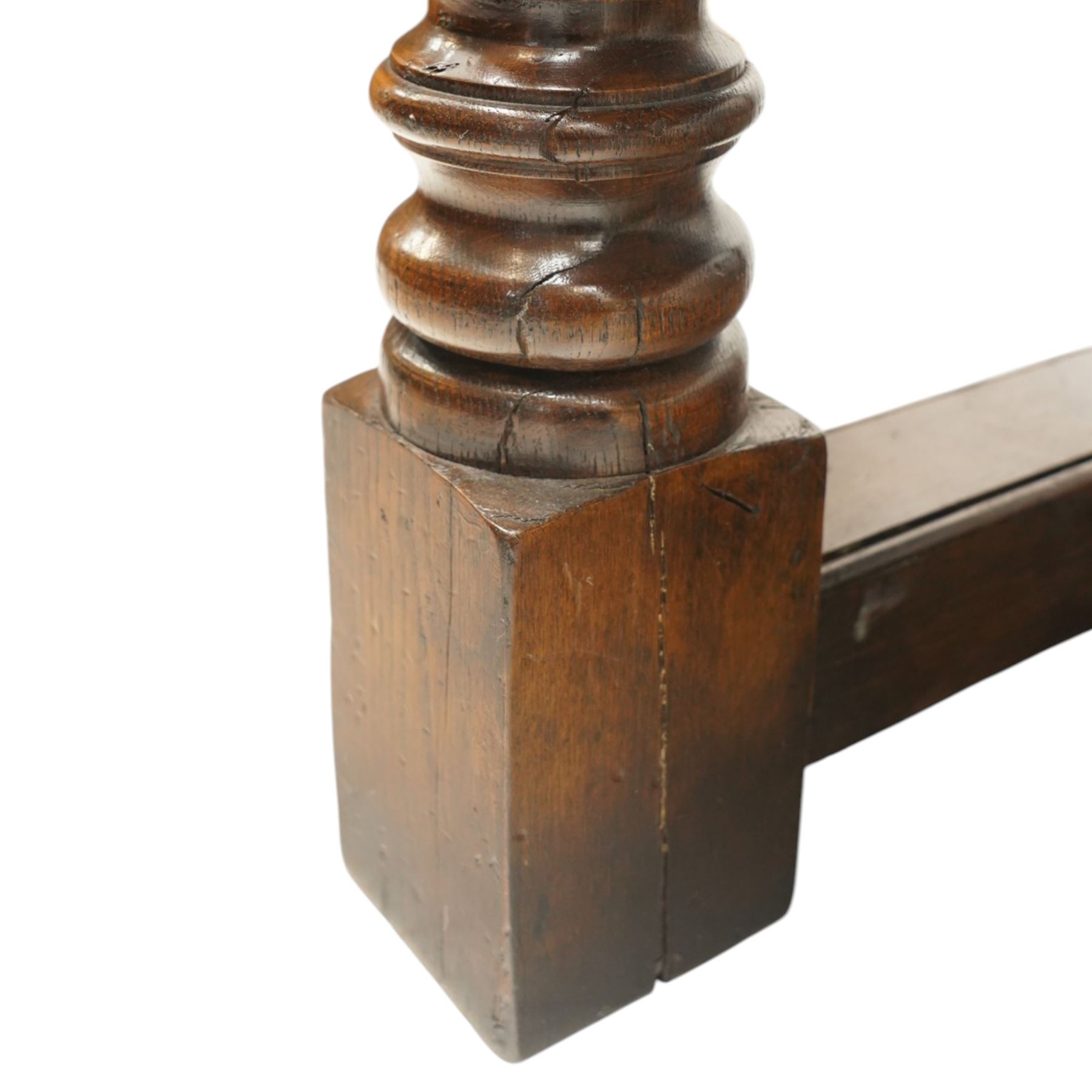 17th century design 8ft dark oak refectory dining table, the rectangular top raised on four turned baluster supports united by H-stretcher