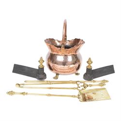 Victorian copper coal bucket, of bellied form with swing handle, upon three brass lion paw...