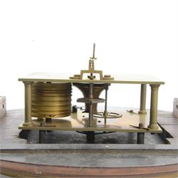 English-Late Victorian 8-day drop dial wall clock, with a mahogany case and moulded dial surround, scroll carved case ears and a curved base, pendulum regulation doors to the side and base, 12