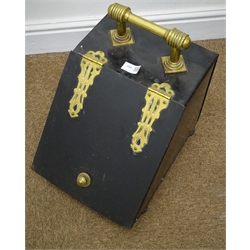  Fall front black and brass coal box, extending fire fender and companion stand  