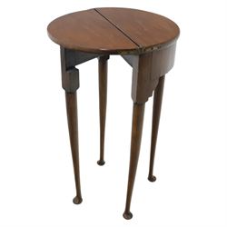 Small proportioned 19th century demi-lune drinks table, foldover top with gate action, raise on tapering cabriole legs