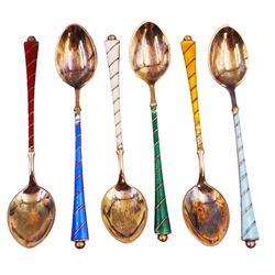 Set of six Danish silver gilt coloured guilloche enamel coffee spoons, each spoon with twist design enamel handle and ball finial, stamped Ela Denmark Sterling, in case