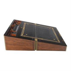 19th century rosewood writing slope, of rectangular form, the hinged cover and front with inlaid foliate engraved brass corner panels, and inlaid marquetry and brass diamond borders, the cover with foliate engraved and named central plaque, opening to reveal a fitted and compartmented interior with gilt tooled black leather slope, H21cm W50cm D28.5cm