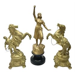 After Guillaume Coustou, pair of spelter Marley Horses, together with Jeanne D Arc figure, largest H48cm