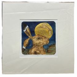 Mandy Walden (British Contemporary): 'Watching Lunar Hare', artist proof etching with hand colouring signed and titled in pencil 18cm x 18cm (unframed)