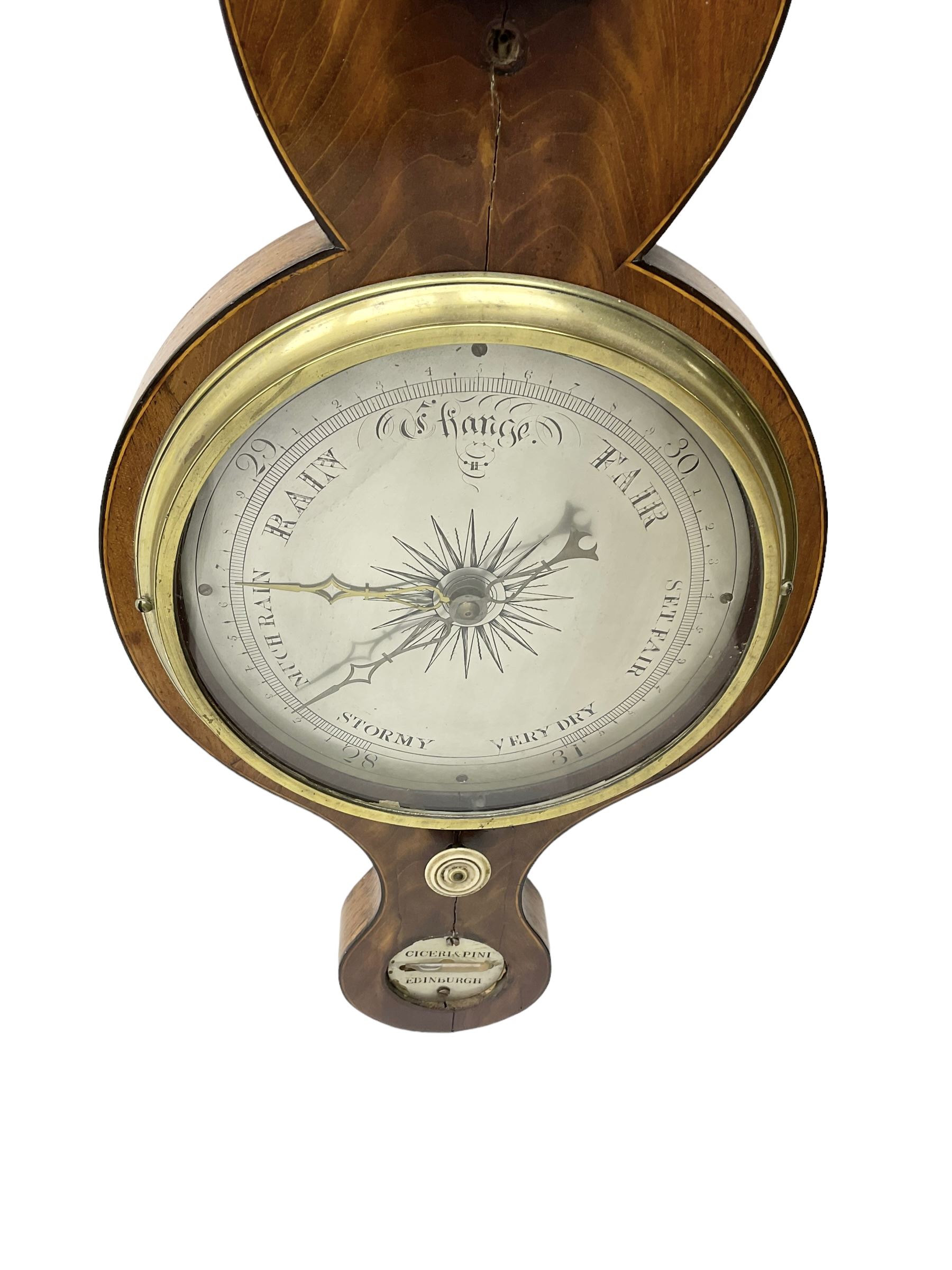 Late 19th century mahogany  mercury barometer by  Ciceri & Pine Edinburgh -  with a swans neck pediment, brass finial and rounded base, with a  circular hygrometer, boxed mercury thermometer, level bubble and 8