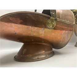 Victorian Benham & Froud Arts and Crafts brass coal scuttle, with Victorian diamond registration mark, together with a copper and brass scuttle of helmet form, tallest H50cm