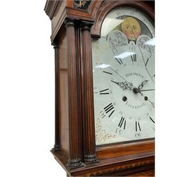 Penlington of Liverpool – early 19th century 8-day mahogany longcase clock, swans neck pediment with three turned wooden finials and verre eglomise panels, trunk with reeded columns and wavy topped door, plinth with canted corners on bracket feet, painted break-arch dial with Roman numerals and five-minute Arabic’s, centre sweep calendar and seconds hands, blue steel serpentine hands, signed beneath a painted rolling moon in the arch PENLINGTON, LIVERPOOL, eight day four pillar movement, anchor escapement and rack striking on a bell. With pendulum and weights.  The Penlington family were prolific clockmakers in 19th century Liverpool working from several addresses in the city, also recorded as chronometer and chronograph makers.