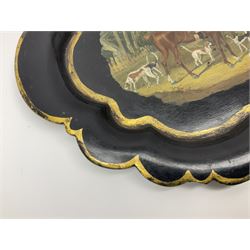 Victorian Jennens and Bettridge papier mache tray, with gilt scalloped edge  and hand painted decoration with a hunting scene, H28cm, L37cm