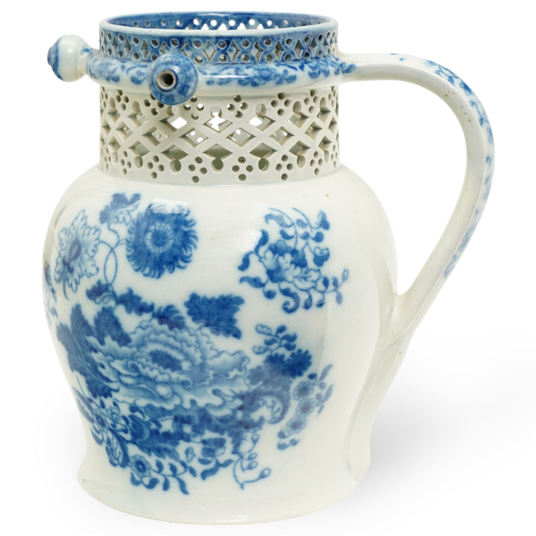 Swansea Cambrian pottery pearlware puzzle jug, c.1810, decorated in underglaze blue with peonies and sprigs of flowers, the straight-neck with three hollow spouts and openwork decoration, H18cm 