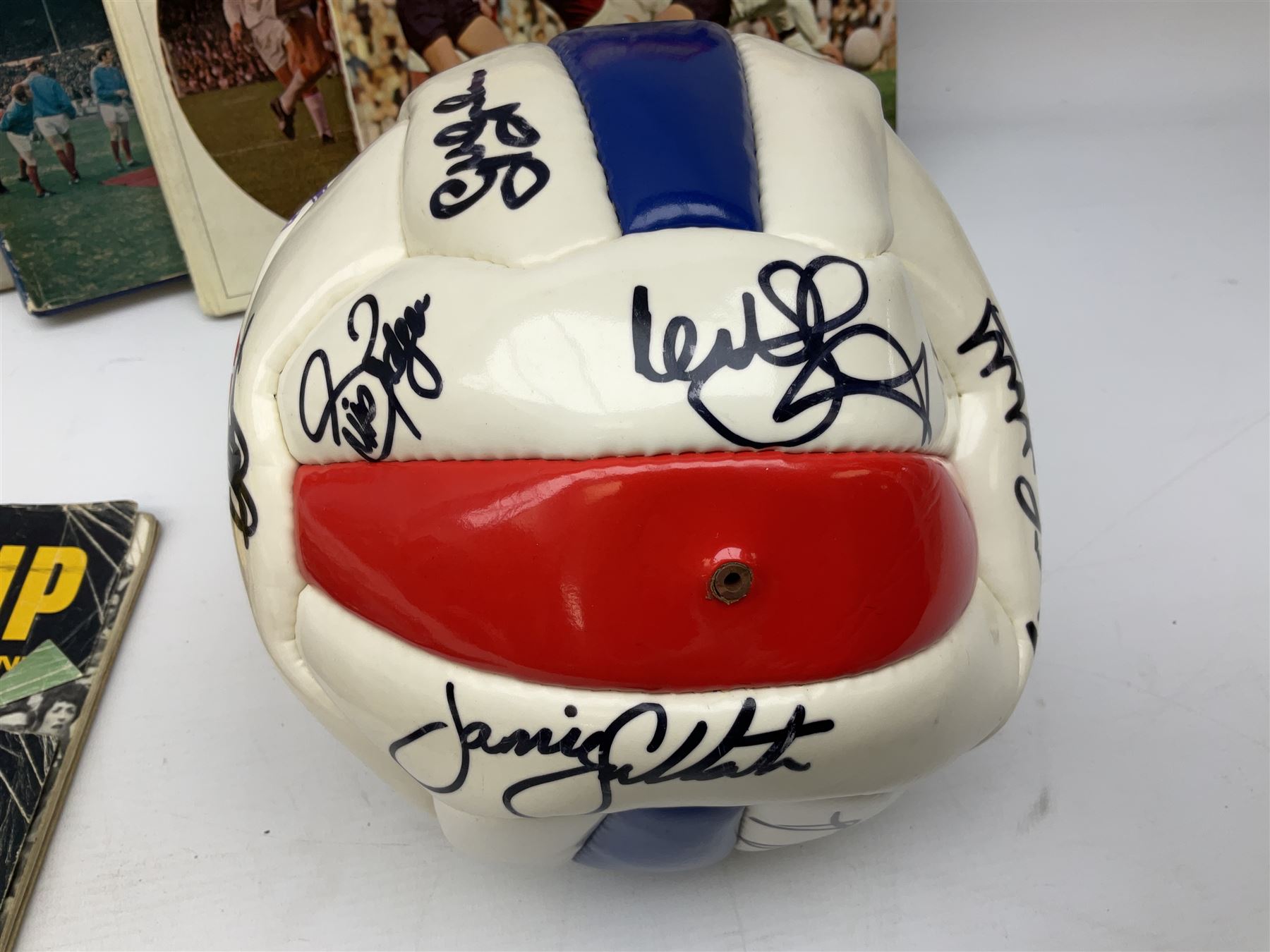Crystal Palace signed leather football, late 1990s, including Steve Coppell, Simon Rodger, Tony Folan, Gareth Graham, Jamie Smith etc; and quantity of football books including 1966 World Cup booklets etc