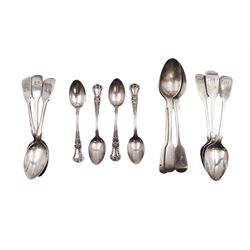 Three Victorian Exeter silver fiddle pattern teaspoons, hallmarked Robert Williams & Sons, Exeter 1850, together with two additional Exeter silver Fiddle pattern spoons hallmarked William Rawlings Sobey, Exeter 1842, and a collection of other silver tea and coffee spoons, all hallmarked 