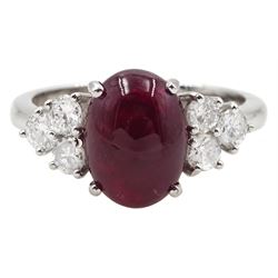 18ct white gold cabochon ruby ring, set with three round brilliant cut diamonds either side, hallmarked, ruby approx 3.20 carat, total diamond weight approx 0.55 carat