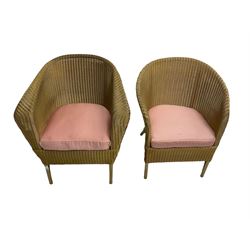 Lloyd Loom - two cane-work armchairs, with upholstered drop-in seats
