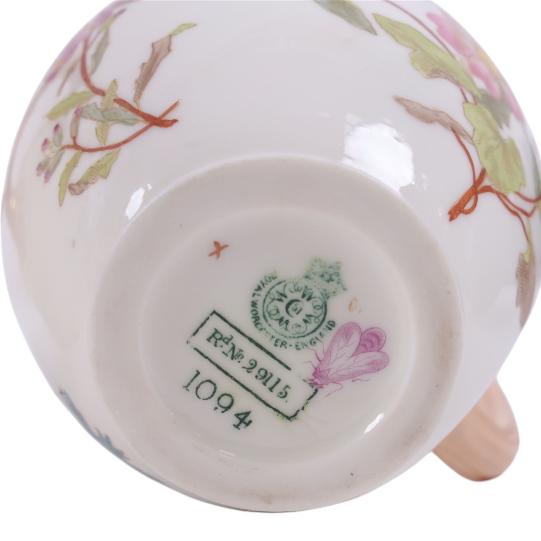 Five Royal Worcester Blush Ivory jugs, comprising one shape 1085 example with bamboo handle, one shape 1376 example with floral decoration and gilt handle and three shape 1094 examples, each decorated with floral sprigs, with printed marks beneath, tallest H14cm