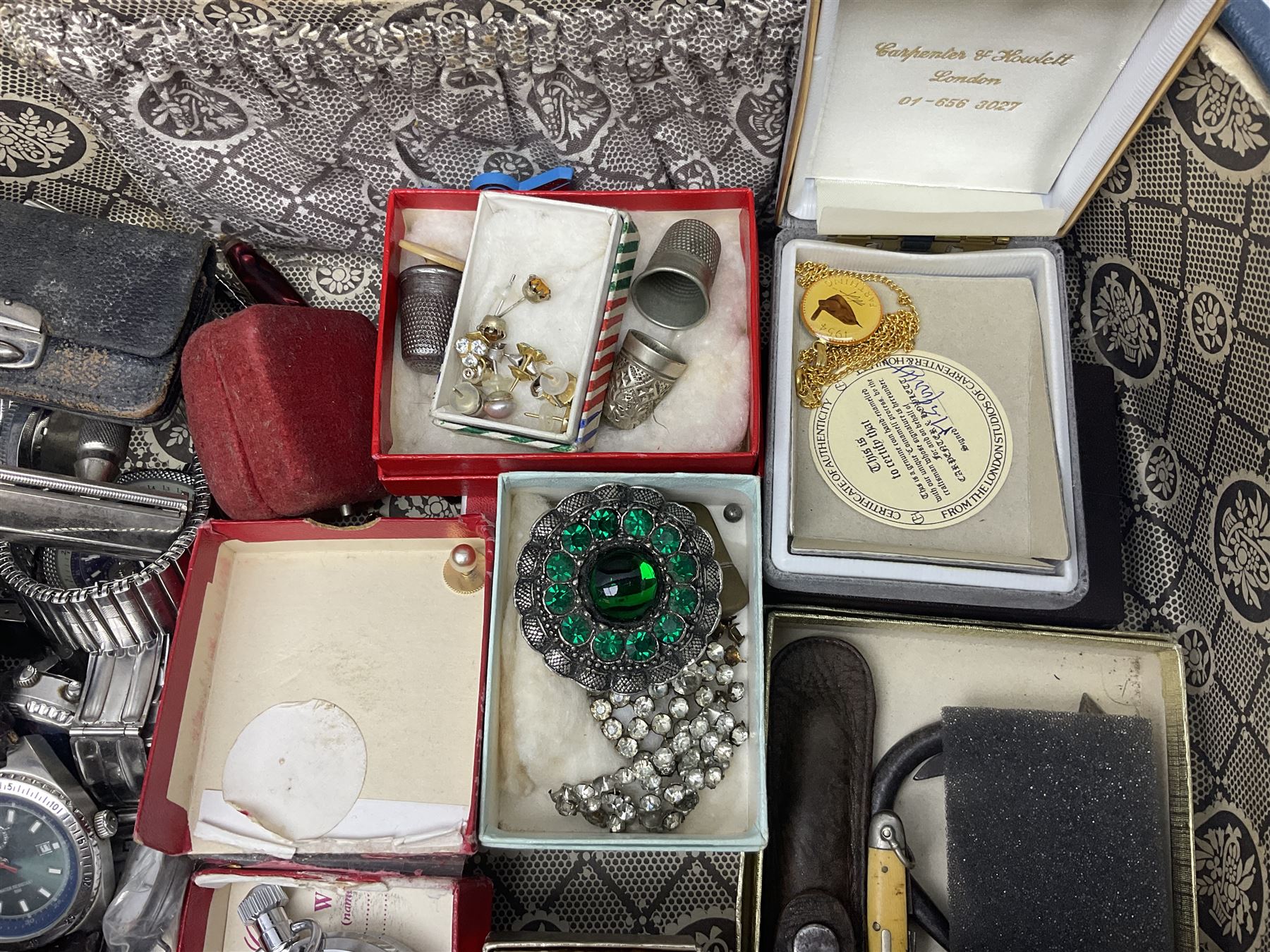 Victorian and later jewellery including silver thimble, rolled gold pendants, earrings and brooches and a collection of wristwatches including Sekonda, The Westminster Collection Historic Timepieces Spitfire pocket watch etc