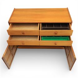 Nathan - 'Squares' pair of sideboards, rectangular top over four short drawers, above signature square panelled cabinet doors on a recessed plinth base