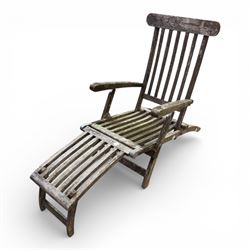 Two teak steamer chairs, one with cushion