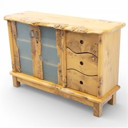 Paul Hodgkiss Designs of Glasgow - contemporary figured elm sideboard, burred elm organic form top, with frosted glass cabinet wrought metal handles revealing a fixed shelf interior, with three shaped drawers enclosing a fitted cutlery drawer, raised on square block feet 