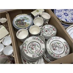 Maling Maltese pattern part dinner wares, including dinner plates, tureens, side plates etc, together with Pyrex dinner wares, decorated in flying duck pattern, Johnson Bros Indian Tree pattern tea and dinner wares and a collection of decorative and calendar plates, etc, in six boxes 