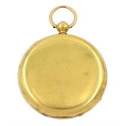 Victorian 18ct gold open face key wound lever pocket watch by Thomas Russell, Liverpool & London, No. 60854, stop/work lever, white enamel dial with Roman numerals, case by Thomas Russell, Chester 1873