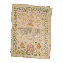 Early 19th century sampler worked by Mary Audley aged 15 years dated 1818, depicting alphabet and numbers above a religious passage, bordered by animals, buildings and insects, unframed, H45cm