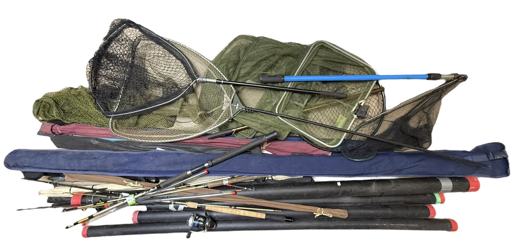 Collection of fishing rods and nets, including Alex Martin Scotia salmon rod, Shakespeare 1650, Allcocks Lucky Strike split cane rod and Chevron Pike 11ft, etc