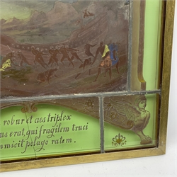 19th century leaded stained glass panel of maritime interest with central painted scene of naked figures launching a long boat hull in a rocky cove, above a Latin motto 'Illi Robur et aes triplex/ Circa pectus erat, qui fragilem truci/ Commisit pelago ratem', with rams heads and caryatids to the corners 41.5 x 50cm including brass frame