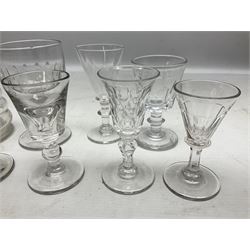 Quantity of Georgian and Victorian glasses, comprising late 19th century Beehive decanter, two thumb print rummer glasses, two 1780s Bristol glass of wrythen form, early Victorian toastmasters glass, two late Georgian wine glasses, late 18th century petal moulded wine glass, and early 19th century facet cut small wine glass