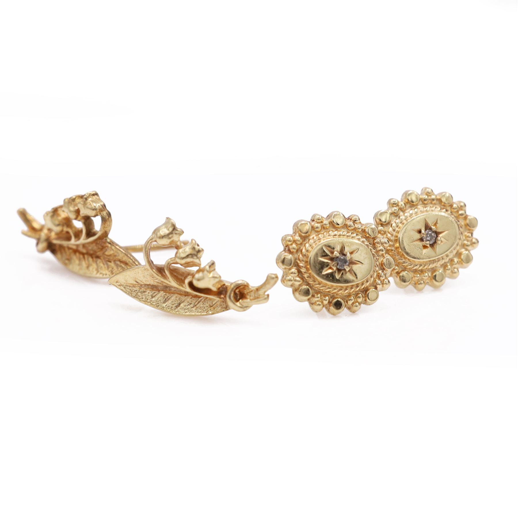 Pair of gold lily of the valley stud earrings and a pair of gold diamond chip stud earrings, both hallmarked 9ct