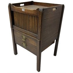George III mahogany tray top night commode with pierced handles, fitted with tambour door over single commode drawer